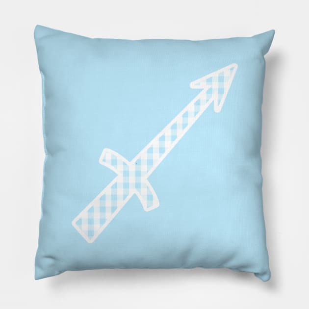 Sagittarius Zodiac Horoscope Symbol in Pastel Blue and White Gingham Pattern Pillow by bumblefuzzies