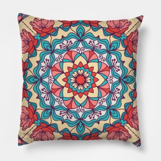 Colorful Floral hand drawn Mandala. Circle ornament in retro colors. Pillow