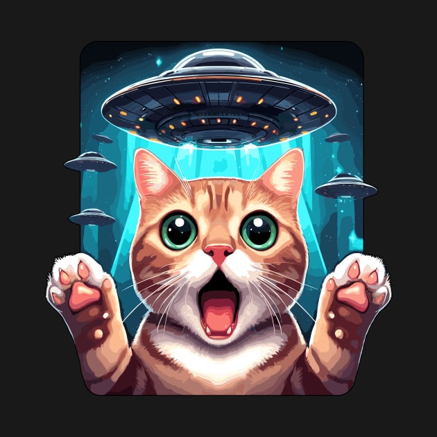 Funny Cat Selfie With UFOs Behind by KromADesign