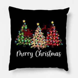 Merry Christmas Tree Buffalo Plaid Red Green Leopard Reindeer Light Top Pillow