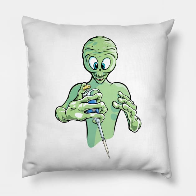 Funny Science Cartoon - Alien Visitor Holding Pipette PCR Pillow by SuburbanCowboy