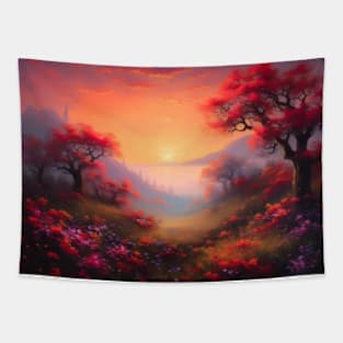 Spring landscape with a beautiful flowering trees. Tapestry