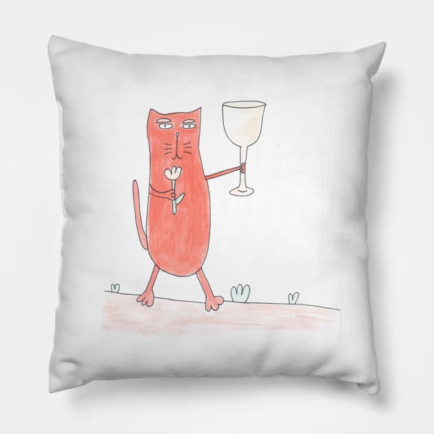 Cat congratulates on the holiday. Celebration, anniversary. Great event. Glass and flower. Watercolor illustration humorous. Humor, fun design modern Pillow by grafinya