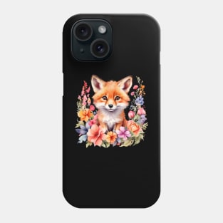 A red fox decorated with beautiful watercolor flowers Phone Case