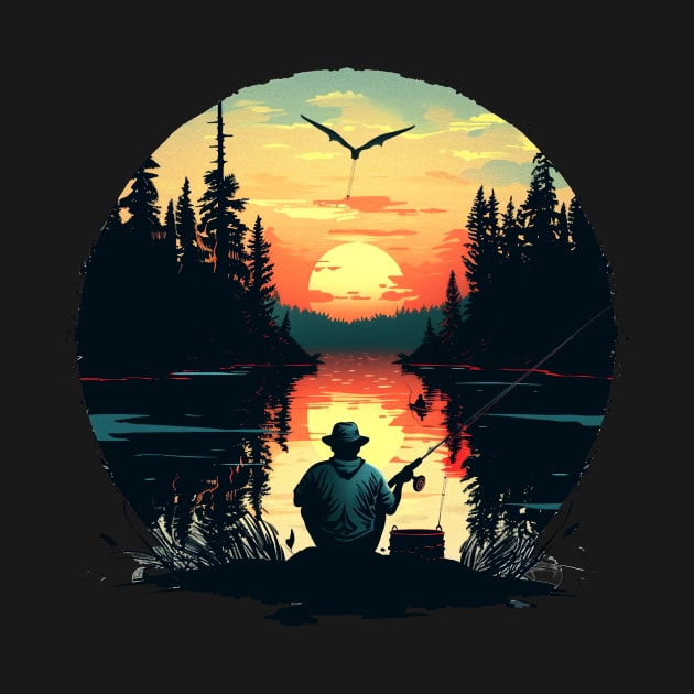 Fishing Retro Art Sunset by Vlaa