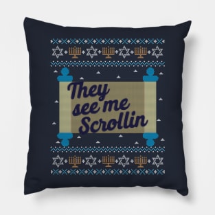 Funny Ugly Hanukkah Sweater, They See Me Scrollin Pillow