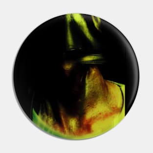 Portrait, digital collage and special processing. Neck close up. Strong guy in leather mask. Green and yellow. Pin