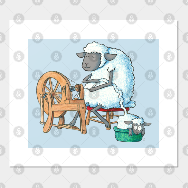 spinning wheel painted running sheep