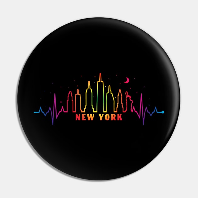 New York Pride City Skyline EKG Heartbeat Rainbow Night Pin by TeeCreations