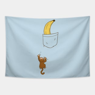 Cute monkey climbing up to banana in pocket design Tapestry