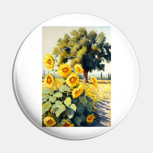 Watercolor Field of Sunflowers on a Sunny Day Pin by designs4days