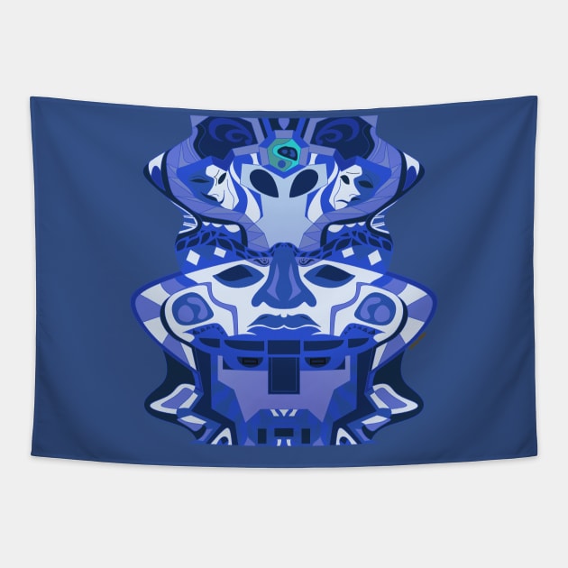 deep alien olmec totem head in blue mandala ecopop Tapestry by jorge_lebeau