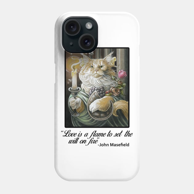 Candle Light Cat - Love is a Flame Quote - Black Outlined Version Phone Case by Nat Ewert Art