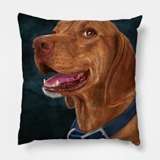 Painting of a Brown Coated Vizsla Smiling on a Green Blue Background Pillow