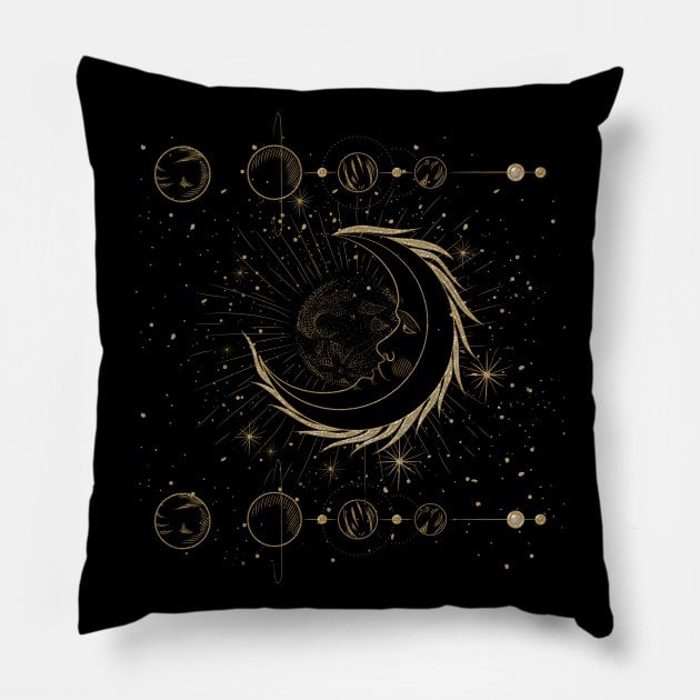 Elegant golden moon with stars Pillow by Nicky2342