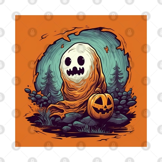 halloween design for kids, orange background, scary ghost with pumpkin by Maverick Media