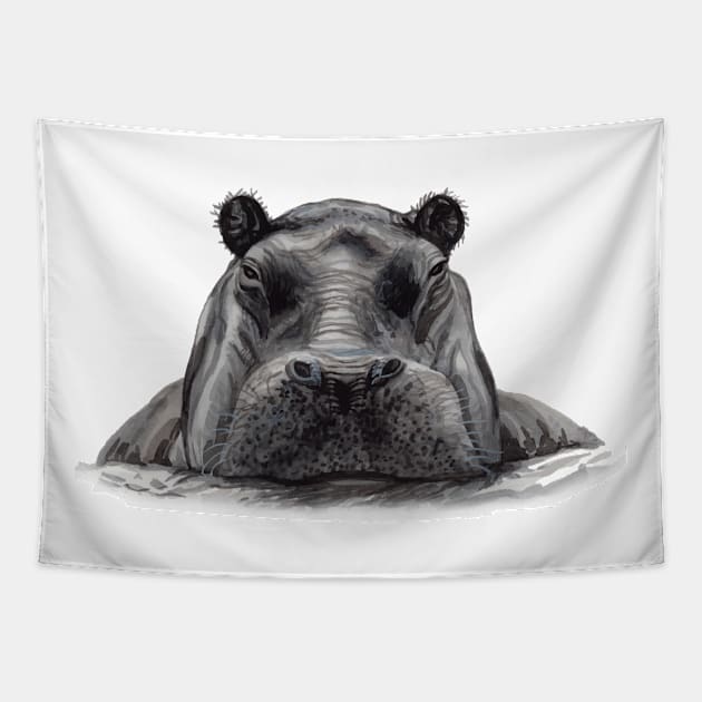 hippopotamus watercolor hand drawn Tapestry by Mako Design 