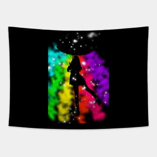 Woman umbrella rainbow rain Tapestry