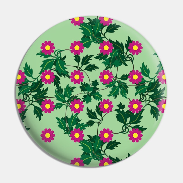 Cerise daisies with Yellow centres over layers of vine leaves on a Spearmint Green background Pin by sleepingdogprod