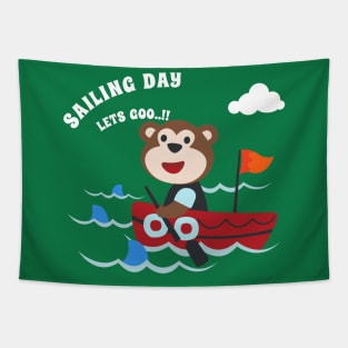 Funny monkey sailor cartoon vector on little boat with cartoon style. Tapestry