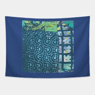 Waves of Deep Blue Memories, fiber art graphic design Tapestry