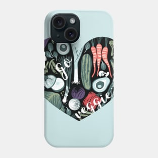 Go veggie // heart print // black background pine and mint vegetables Phone Case