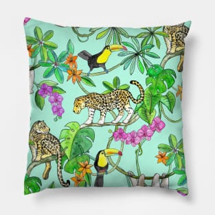 Rainforest Friends - watercolor animals on mint green Pillow