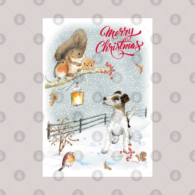 Wire Fox Terrier Merry Christmas Santa Dog by Puppy Eyes