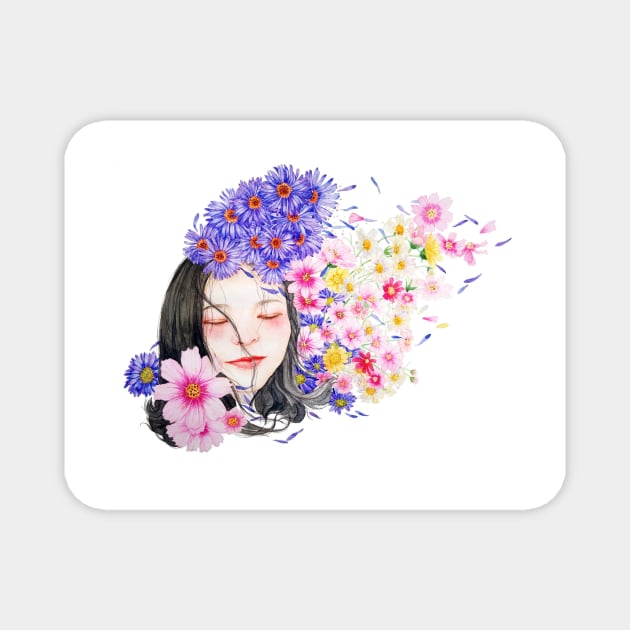 Watercolor Portrait Character Girl Woman Flowers Magnet by SWEIRKI