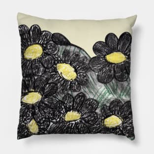 Botanical illustration with daisies. Hand painting, naturalistic black-yellow flowers. Summer print. Design for fabric, textile, packaging, flower shop, website, floristry. Pillow