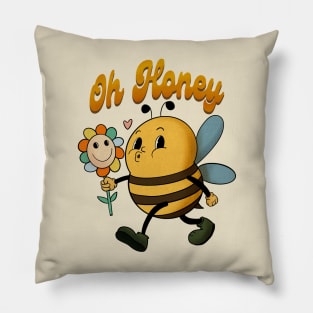 Retro 70s groovy bumblebee cartoon hippie Pillow