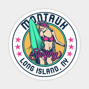 Retro Surfer Babe Badge Montauk Long Island New York Magnet