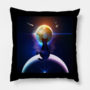 Cat Watching Sunset Sitting on Crescent Moon from Earth Space View - Eclipse Pillow