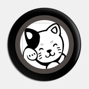 Cute cartoon kitty pawing its face, black& white circle frame Pin