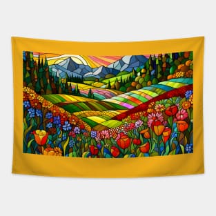 Stained Glass Colorful Mountain Meadow Tapestry