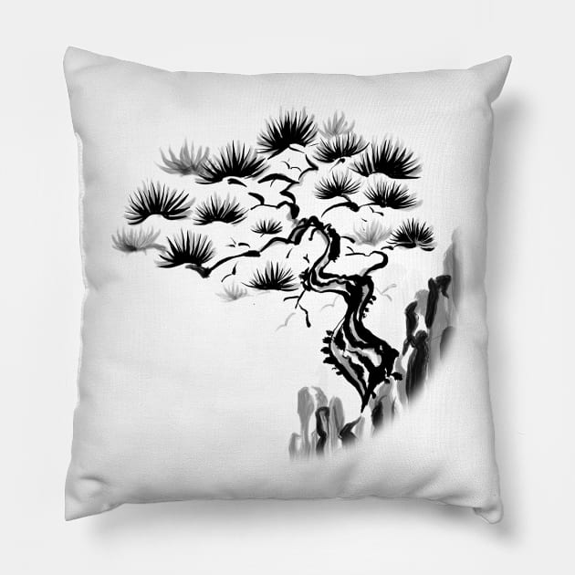 Sumi-E Pine Tree on Cliff (Transparent) Pillow by bengman