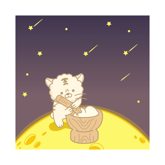 A cute cat making rice cake on the moon by choiyoojin