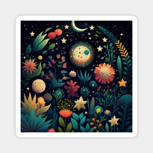 3. Celestial Bohemian Flowers Aesthetic Design Stars Moon Floral Cosmic Pattern Magnet