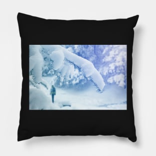 Alone tourist walking through snowy forest Pillow