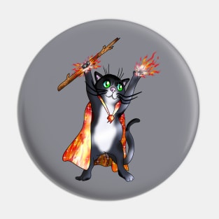 Mighty black cat sorcerer with fire magic Pin