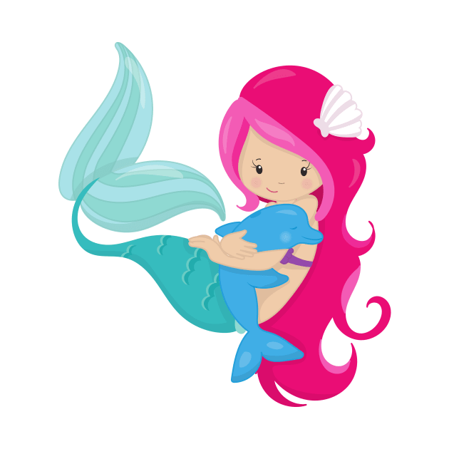 Cute Mermaid, Little Mermaid, Pink Hair, Dolphin by Jelena Dunčević