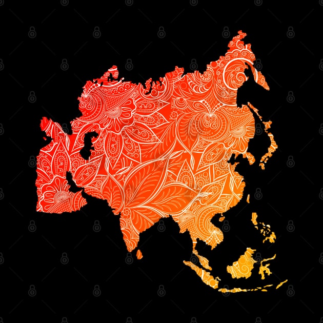 Colorful mandala art map of Asia with text in red and orange by Happy Citizen