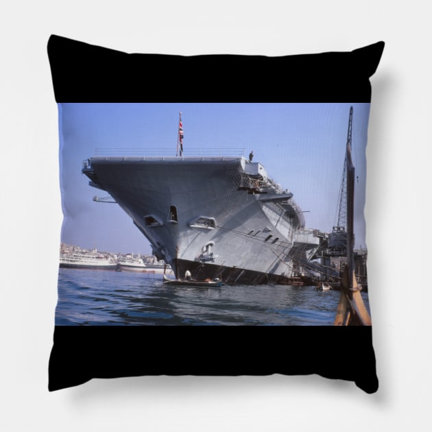 The bow (front) of the Royal Navy aircraft carrier HMS Hermes in the 1960s Pillow by ownedandloved