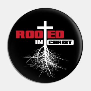 Rooted in Christ with a cross and white text Pin