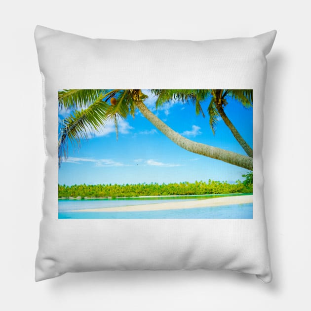 Tropical island lagoon with swinging palms trees Pillow by brians101