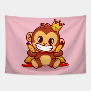 Cute King Monkey Holding Banana Cartoon Tapestry