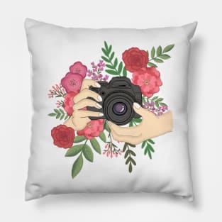 Floral Camera, photographer's hands Pillow