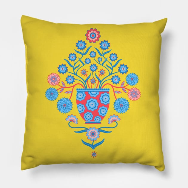 JARDINIERE Vintage Damask Flowers in Floral Vase  Icy Blue Red Yellow Pink - UnBlink Studio by Jackie Tahara Pillow by UnBlink Studio by Jackie Tahara