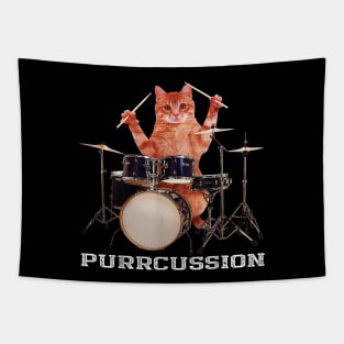 Purrcussion - Funny Cat Drummer On Drum Set Percussion Pun Tapestry