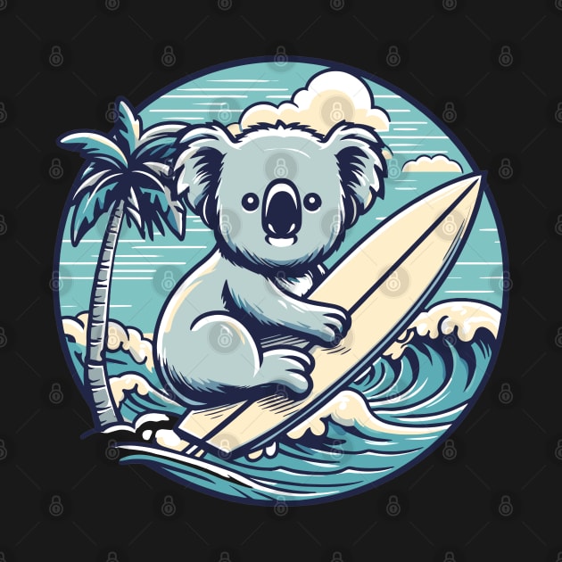 Koala with a surfboard on the beach, koala bear in summer vacation, kawaii koala lover design by Nora Liak